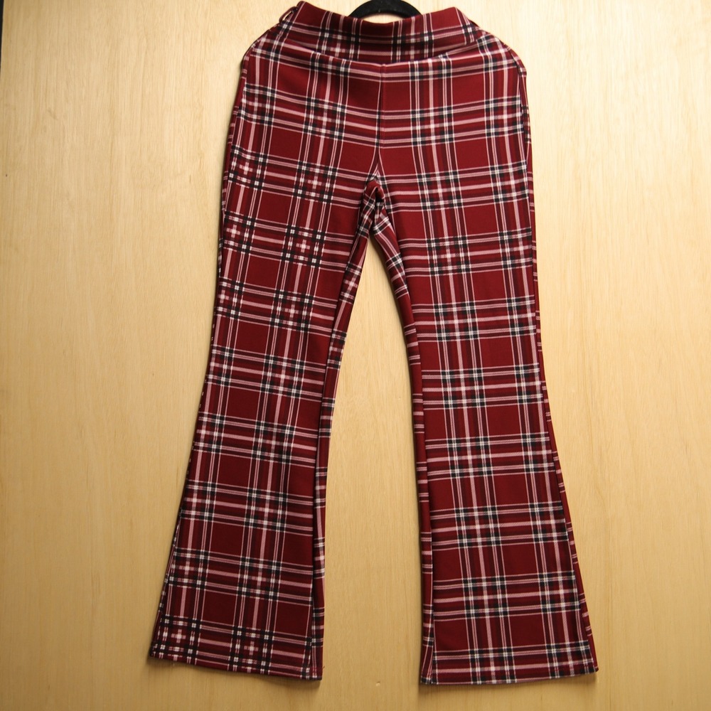 Indero Red Plaid Flare Leg Pants High Rise Stretchy Trousers L/XL